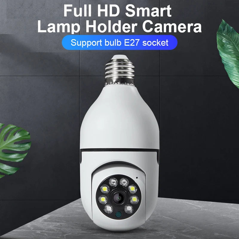 White Smart Home E27 WiFi security bulb with camera, HD night vision, two-way audio, and motion detection.