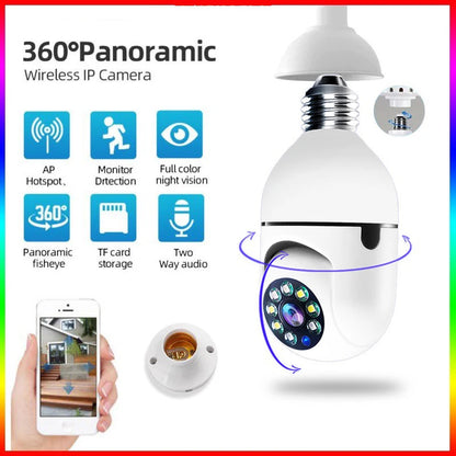 White Smart Home E27 WiFi surveillance camera with HD night vision, two-way audio, and motion detection for security.