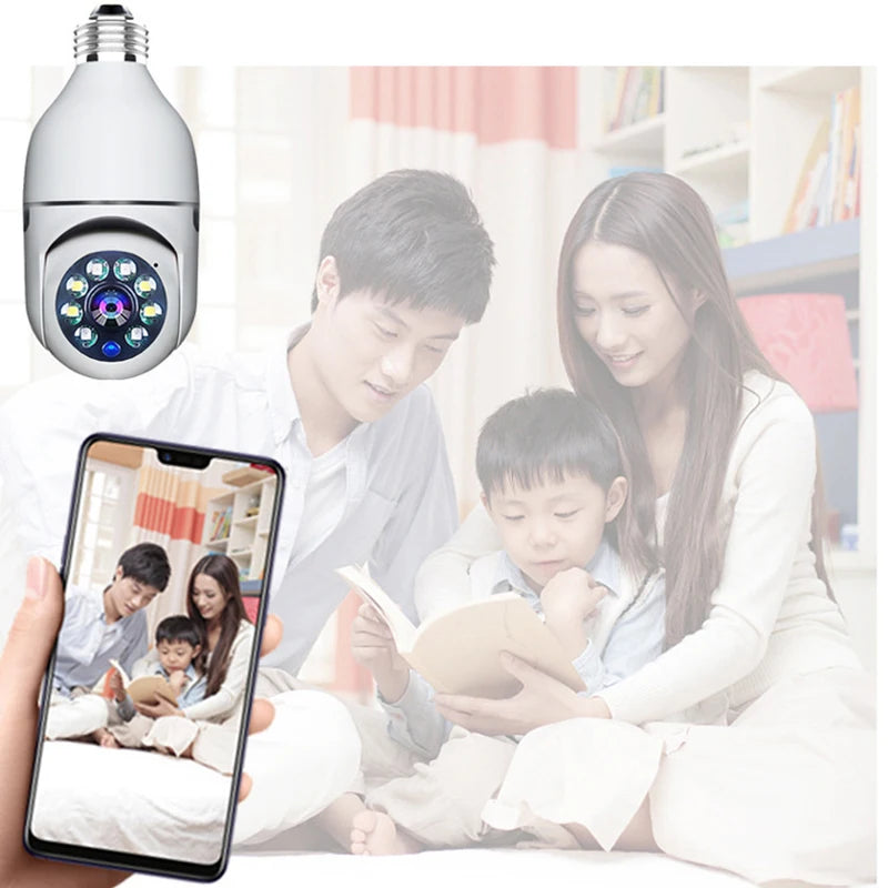 White Smart Home 2.4G E27 WiFi surveillance camera with HD night vision, two-way audio, and motion detection for security monitoring.