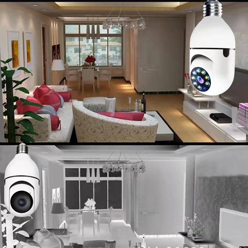 White Smart Home E27 WiFi surveillance camera with HD night vision, two-way audio, motion detection, and mobile app support.