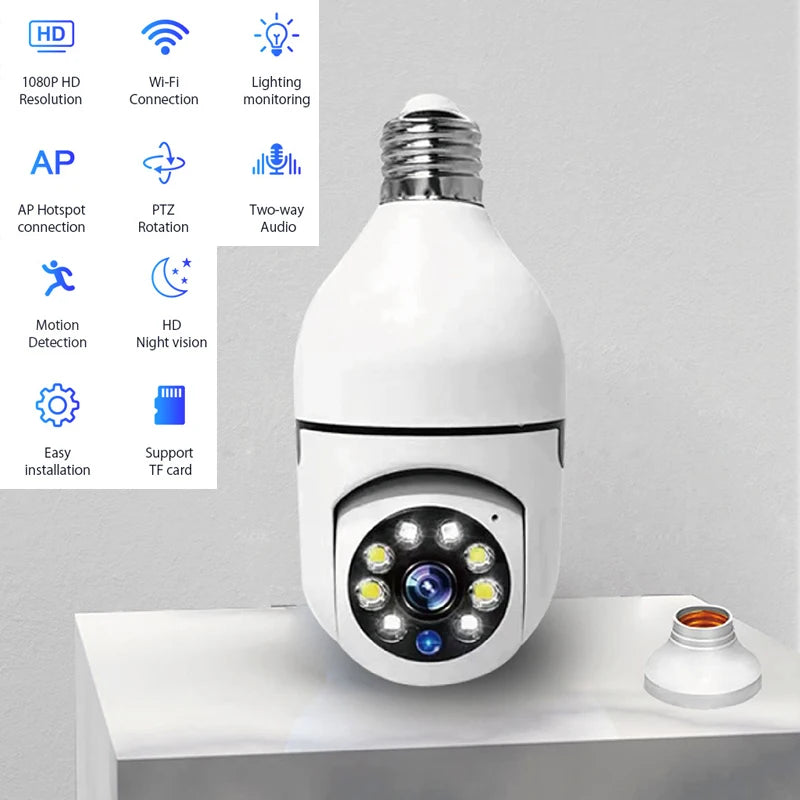 White Smart Home 2.4G E27 WiFi security camera with HD night vision, two-way audio, and motion detection for home surveillance.
