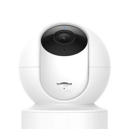 White smart security camera by BackupMyFilesNow.com with a sleek design and lens for home surveillance.