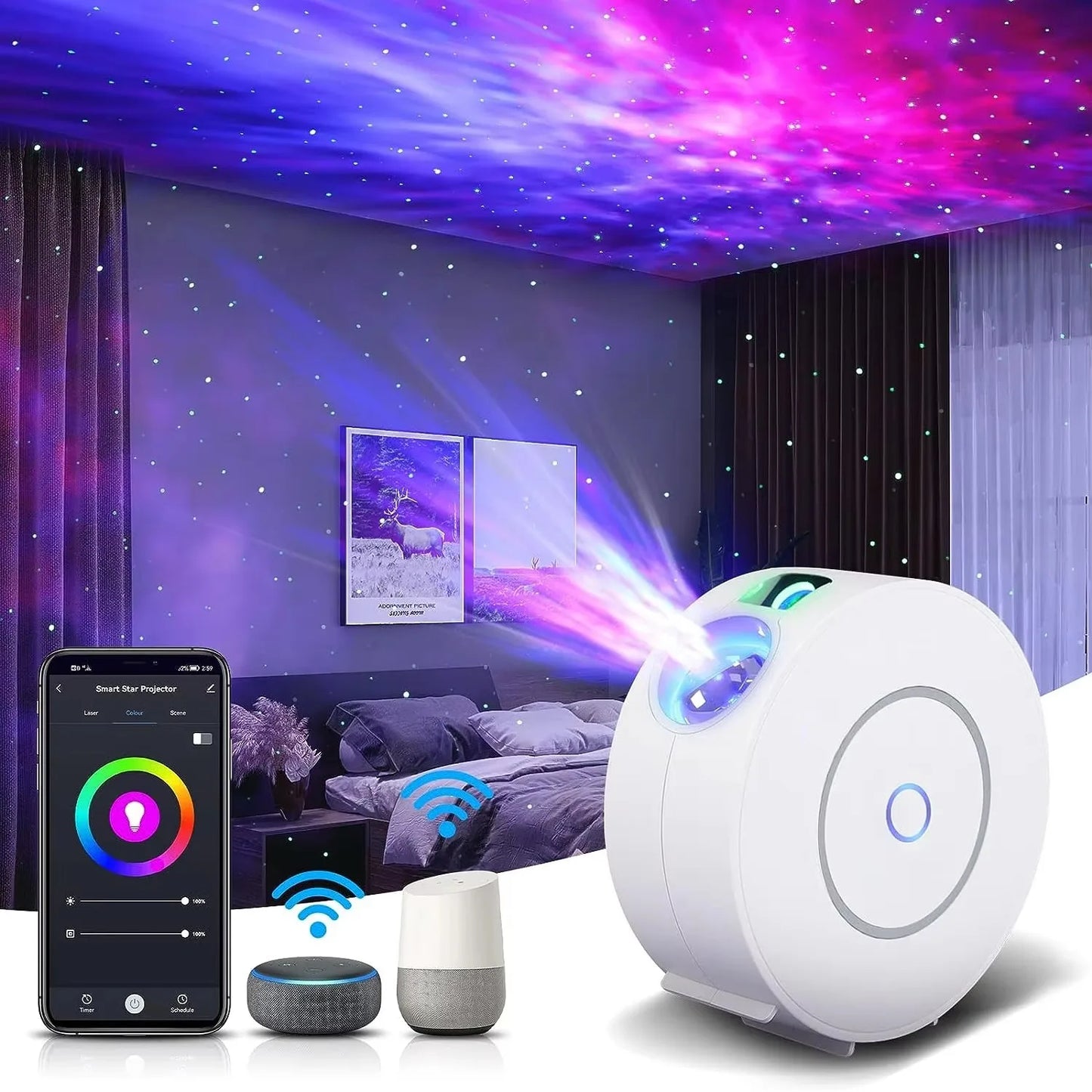 White BACKUPMYFILESNOW® Smart Star Projector with remote, HD lens, and premium ABS build projecting starry sky for bedroom or game room.