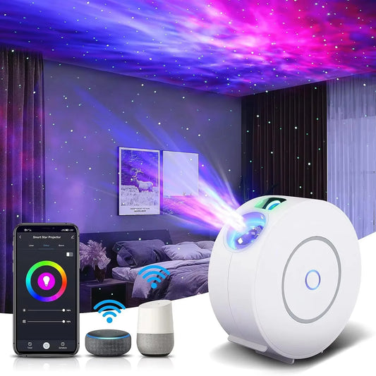 White BACKUPMYFILESNOW® Smart Star Projector with remote, HD lens, and premium ABS build projecting starry sky for bedroom or game room.