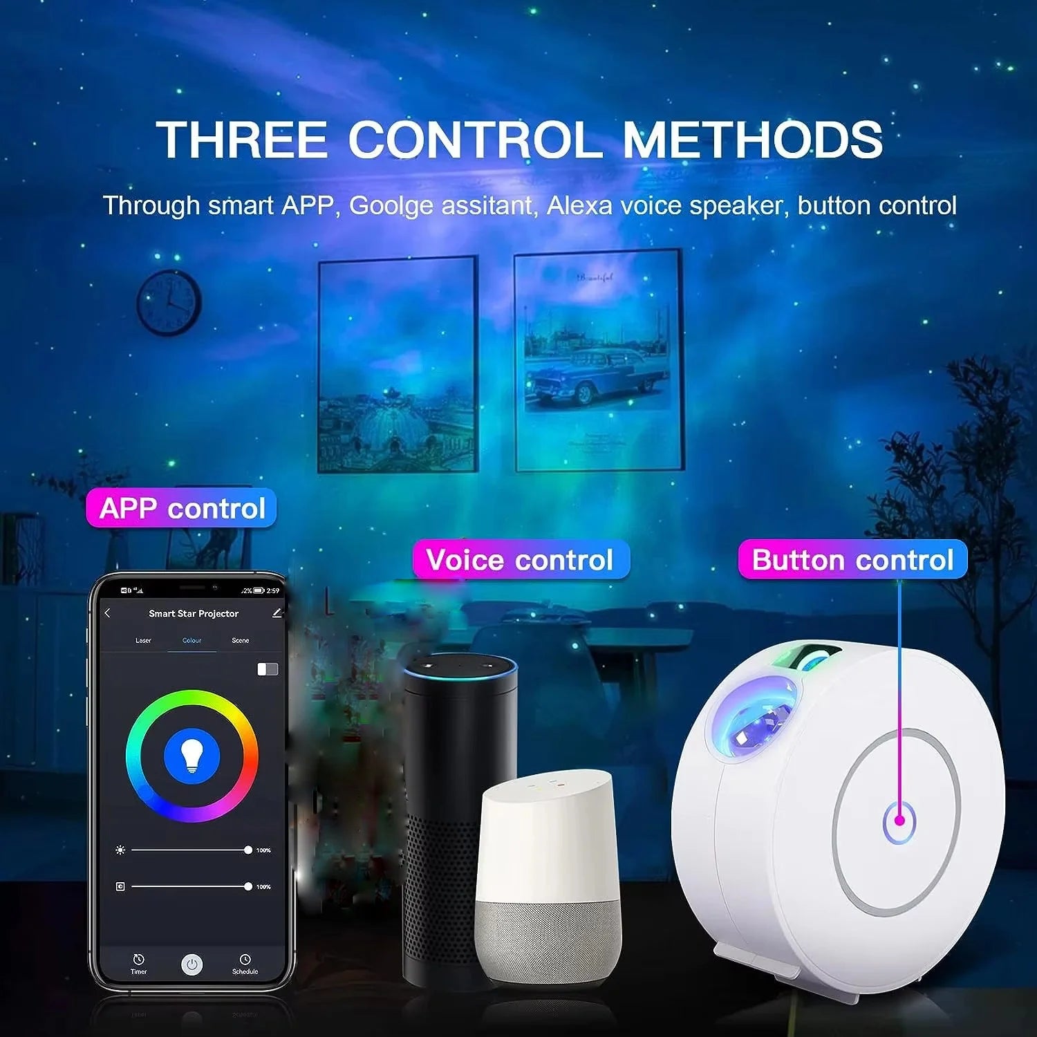 White BACKUPMYFILESNOW® Smart Star Projector with remote, HD lens, and ABS build, projecting starry skies for bedroom or game room.