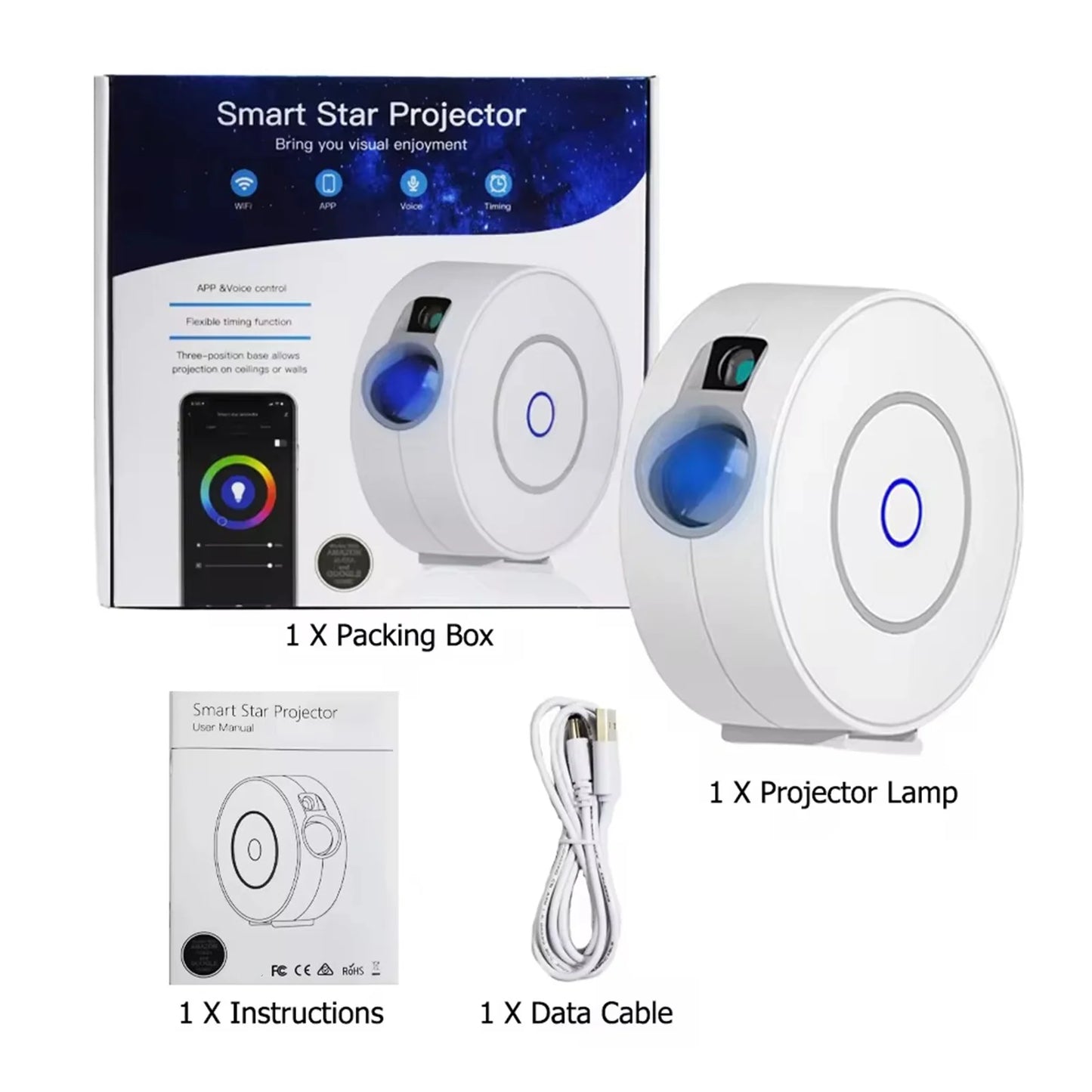 White BACKUPMYFILESNOW® Smart Star Projector with remote, HD lens, and ABS build, displaying starry sky projection in a bedroom or game room.