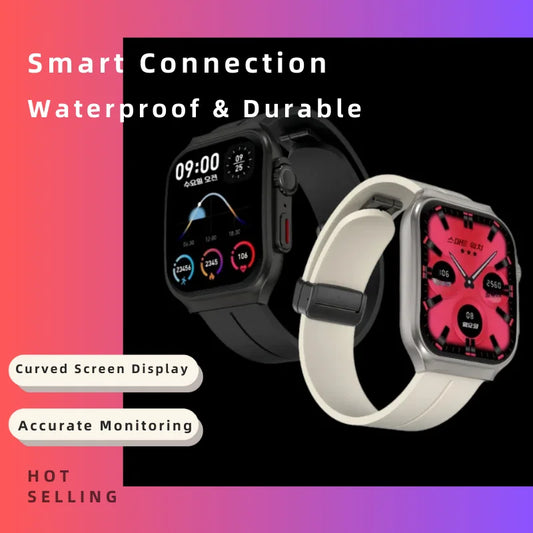 White BackupMyFilesNow.com smart watch with 2.01-inch curved AMOLED screen, 120+ sports modes, and long battery life.