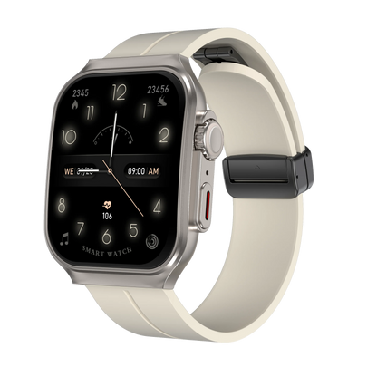 White BackupMyFilesNow smart watch with 2.01-inch curved AMOLED screen, 120+ sports modes, and long battery life.