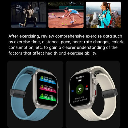 White BackupMyFilesNow smartwatch with 2.01" curved AMOLED display, 120+ sports modes, flexible 3D design, and long battery life.
