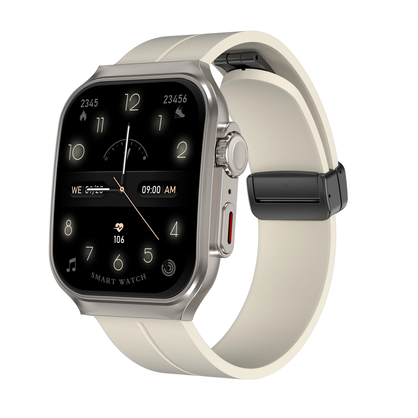 White BackupMyFilesNow smart watch with 2.01-inch curved AMOLED screen, flexible design, 120+ sports modes, and long battery life.