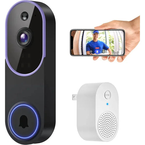 White wireless video doorbell camera with AI detection, night vision, cloud storage, and battery power for indoor and outdoor use.