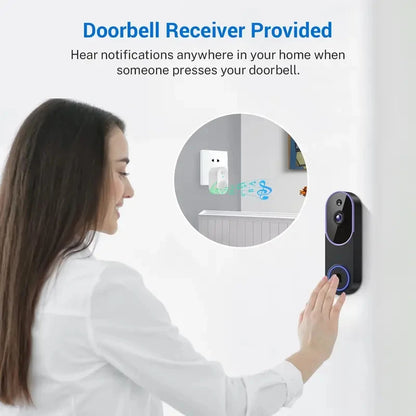 White smart wireless video doorbell camera with AI detection, night vision, cloud storage, and battery power for indoor and outdoor use.