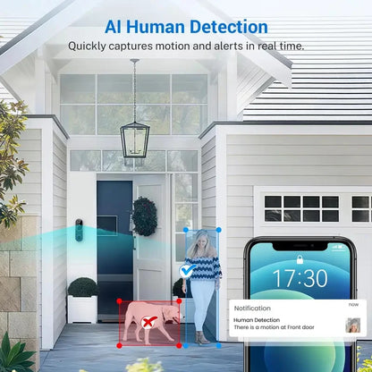 White wireless video doorbell camera with AI detection, night vision, cloud storage, battery-powered, suitable for indoor and outdoor use.