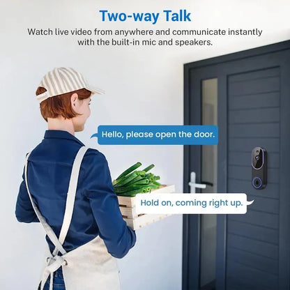 Wireless video doorbell camera with AI detection, night vision, cloud storage, and battery power for indoor and outdoor use.