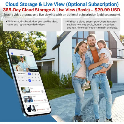 White wireless video doorbell camera by BackupMyFilesNow.com with AI detection, night vision, cloud storage, battery-powered for indoor outdoor use.