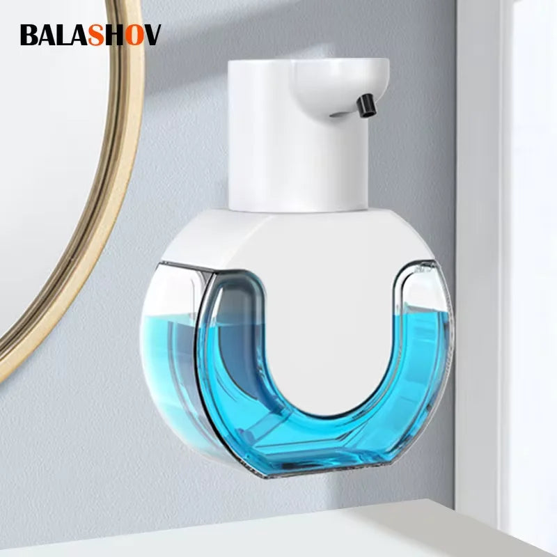 White touchless automatic foam soap dispenser with USB charging, made of high-quality ABS material for bathroom use.