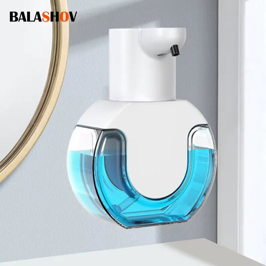 White touchless automatic foam soap dispenser with USB charging, made of high-quality ABS material for bathroom use.