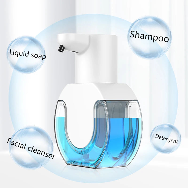 White touchless automatic foam soap dispenser with USB charging and high-quality ABS material for bathroom use.