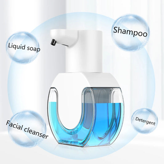 White touchless automatic foam soap dispenser with USB charging and high-quality ABS material for bathroom use.