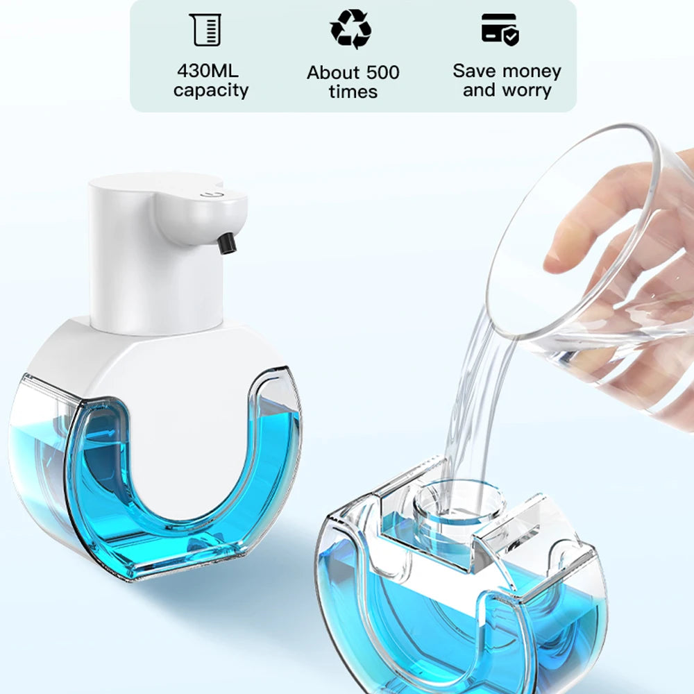 Touchless automatic foam soap dispenser in white with USB charging, made of high-quality ABS material for bathroom use.