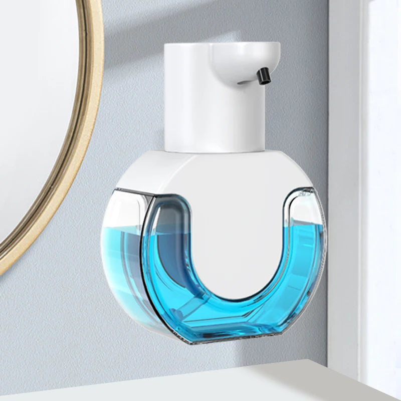 White touchless automatic foam soap dispenser from BackupMyFilesNow.com, made of high-quality ABS, with USB charging for bathroom use.