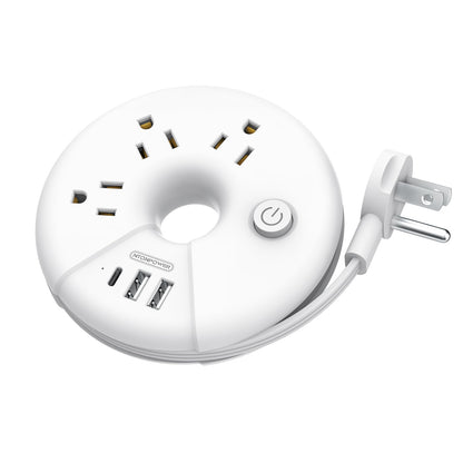 White NTONPOWER travel power strip with 3 outlets and 3 USB ports, portable desktop charging station with 3ft extension cord.