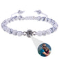 White turquoise custom photo projection bracelet by BackupMyFilesNow.com featuring engraved text in 100 languages.