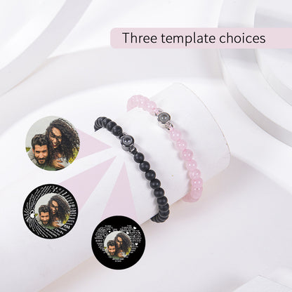White turquoise custom photo projection bracelet by BackupMyFilesNow.com featuring inscription in 100 languages.