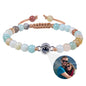 White turquoise custom photo projection bracelet by BackupMyFilesNow.com featuring engravings in 100 languages.