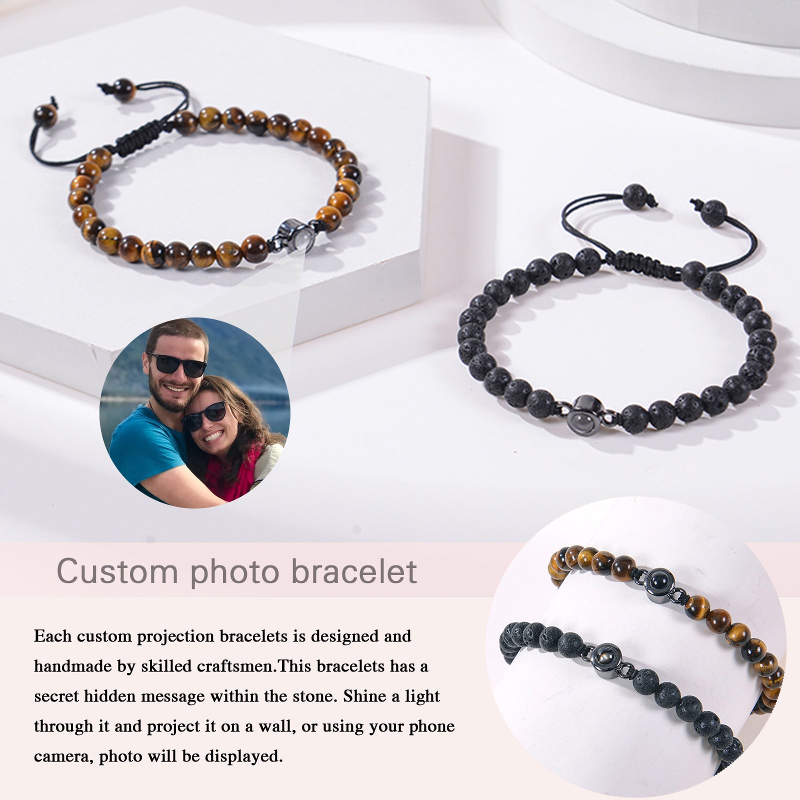 White turquoise custom photo projection bracelet by BackupMyFilesNow.com featuring engraved text in 100 languages.