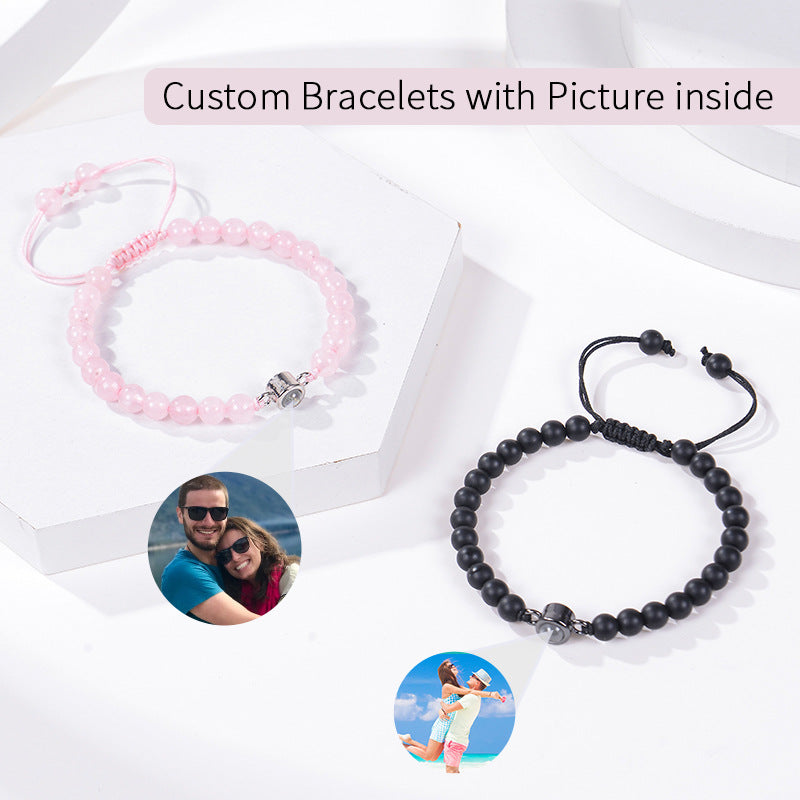 White turquoise custom photo projection bracelet by BackupMyFilesNow.com featuring engraved message in 100 languages.