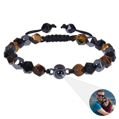 White turquoise custom photo projection bracelet by BackupMyFilesNow.com, featuring engraved text in 100 languages.