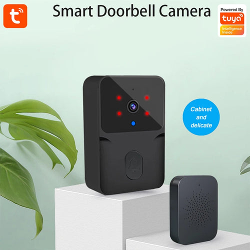 White Tuya WiFi doorbell with visual door viewer, free cloud storage, low energy use, and welcome chime for secure home entry.