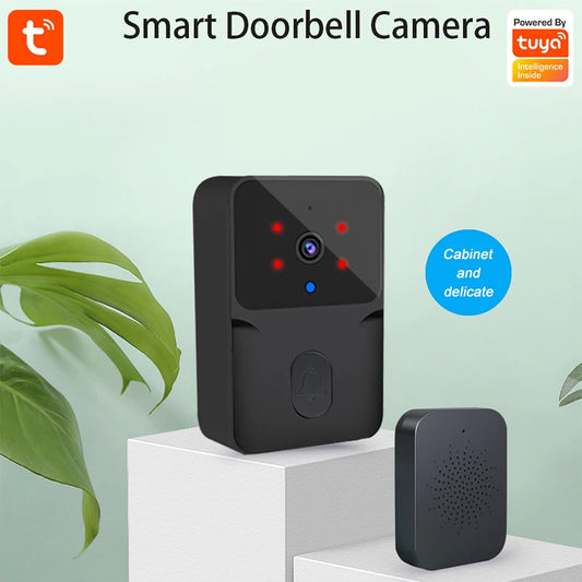 White Tuya WiFi doorbell with visual door viewer, free cloud storage, low energy use, and welcome chime for secure home entry.