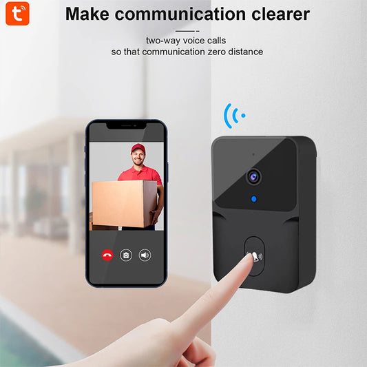 White Tuya WiFi doorbell with visual peephole viewer, free cloud storage, low power consumption, and welcome chime.