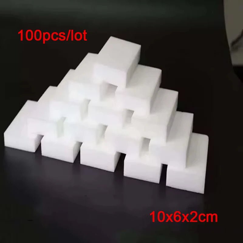 Set of 100 white melamine sponge erasers for cleaning cars, kitchens, bathrooms, and offices, measuring 10x6x2cm.