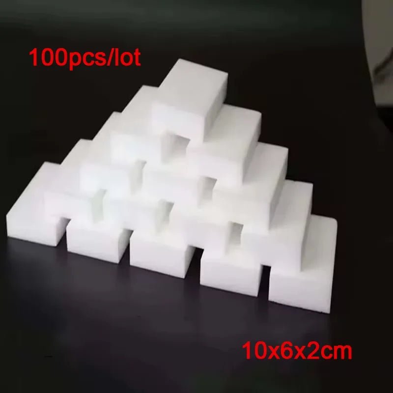 Set of 100 white melamine sponge erasers for cleaning cars, kitchens, offices, and bathrooms, measuring 10x6x2cm.