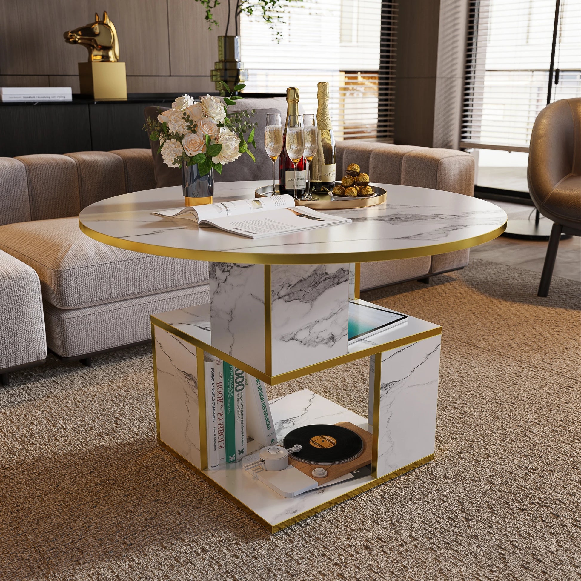 Modern 3-tier round coffee table with marble white top, gold frame, and wooden storage in a living room setting