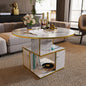 Modern 3-tier round coffee table with marble white top, gold frame, and wooden storage in a living room setting