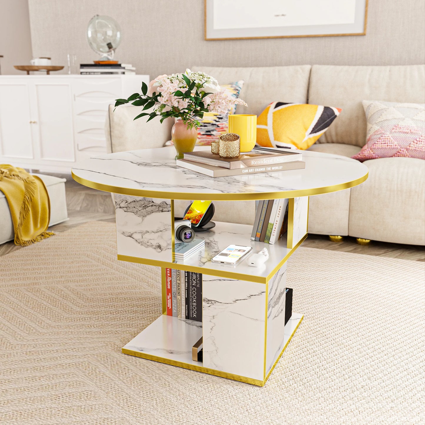 Modern 3-tier round coffee table with white marble top, gold frame, and wooden shelves for living room storage.