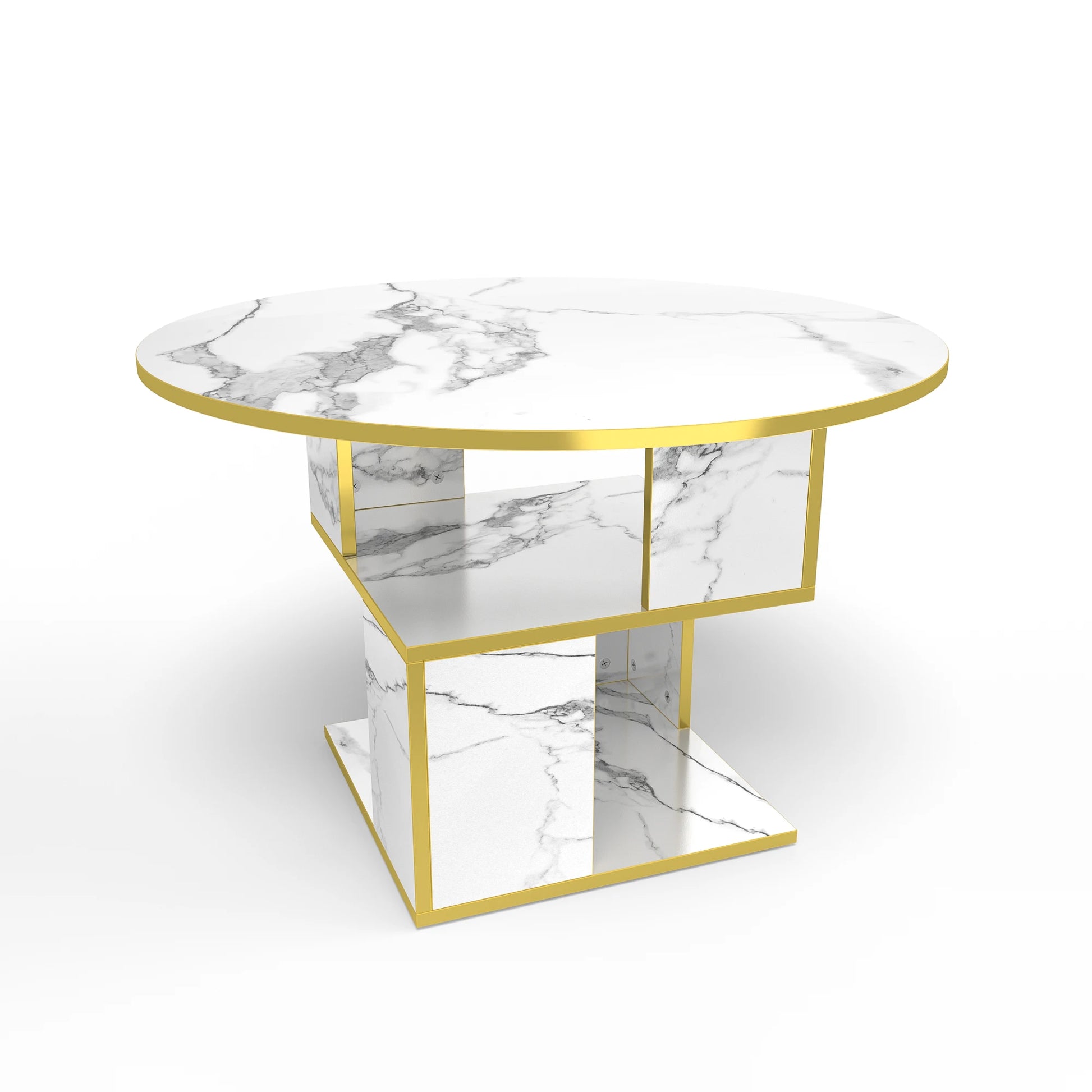 Modern 3-tier round coffee table with marble white top, gold frame, and wooden storage shelf for living room decor.