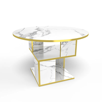 Modern 3-tier round coffee table with marble white top, gold frame, and wooden storage shelf for living room decor.