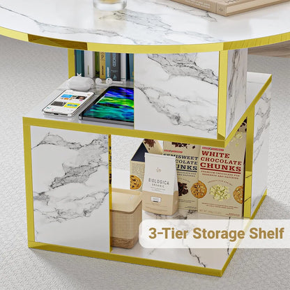 Modern 3-tier round coffee table with white marble top, gold frame, and storage for living room decor.