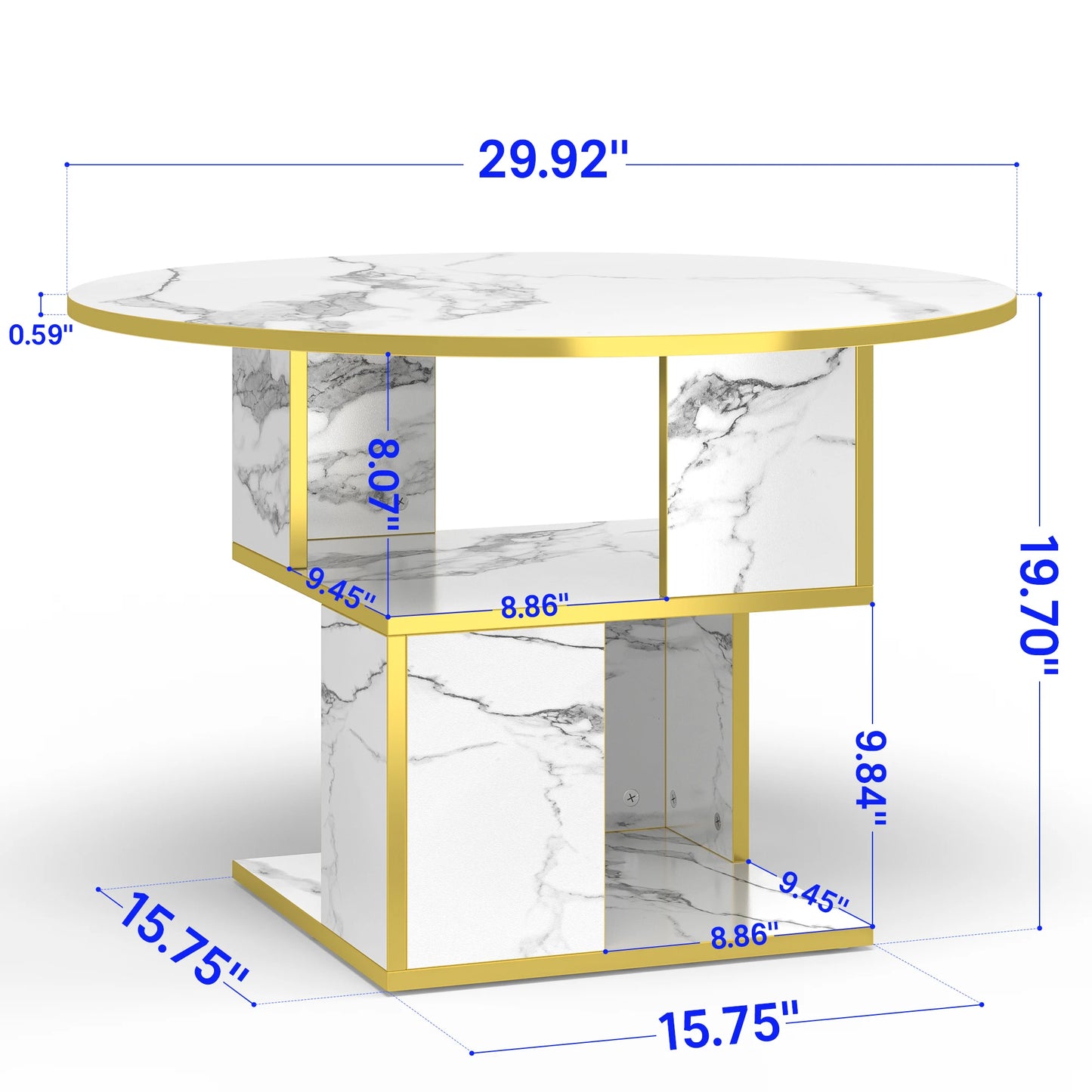 3-tier round coffee table with white marble top, gold frame, and wooden storage shelves for modern living room decor.