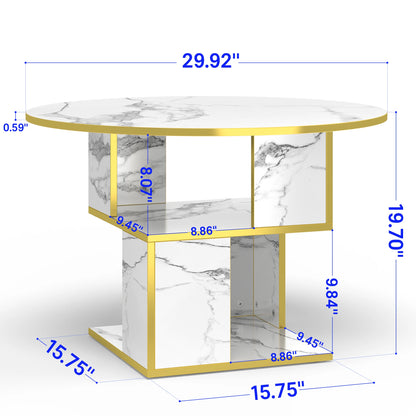 3-tier round coffee table with white marble top, gold frame, and wooden storage shelves for modern living room decor.