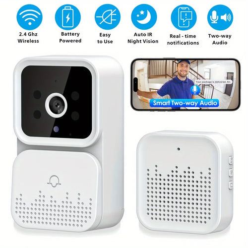 Wireless smart video doorbell with night vision, 2-channel audio, SD card/cloud storage, and WiFi connectivity for home security.