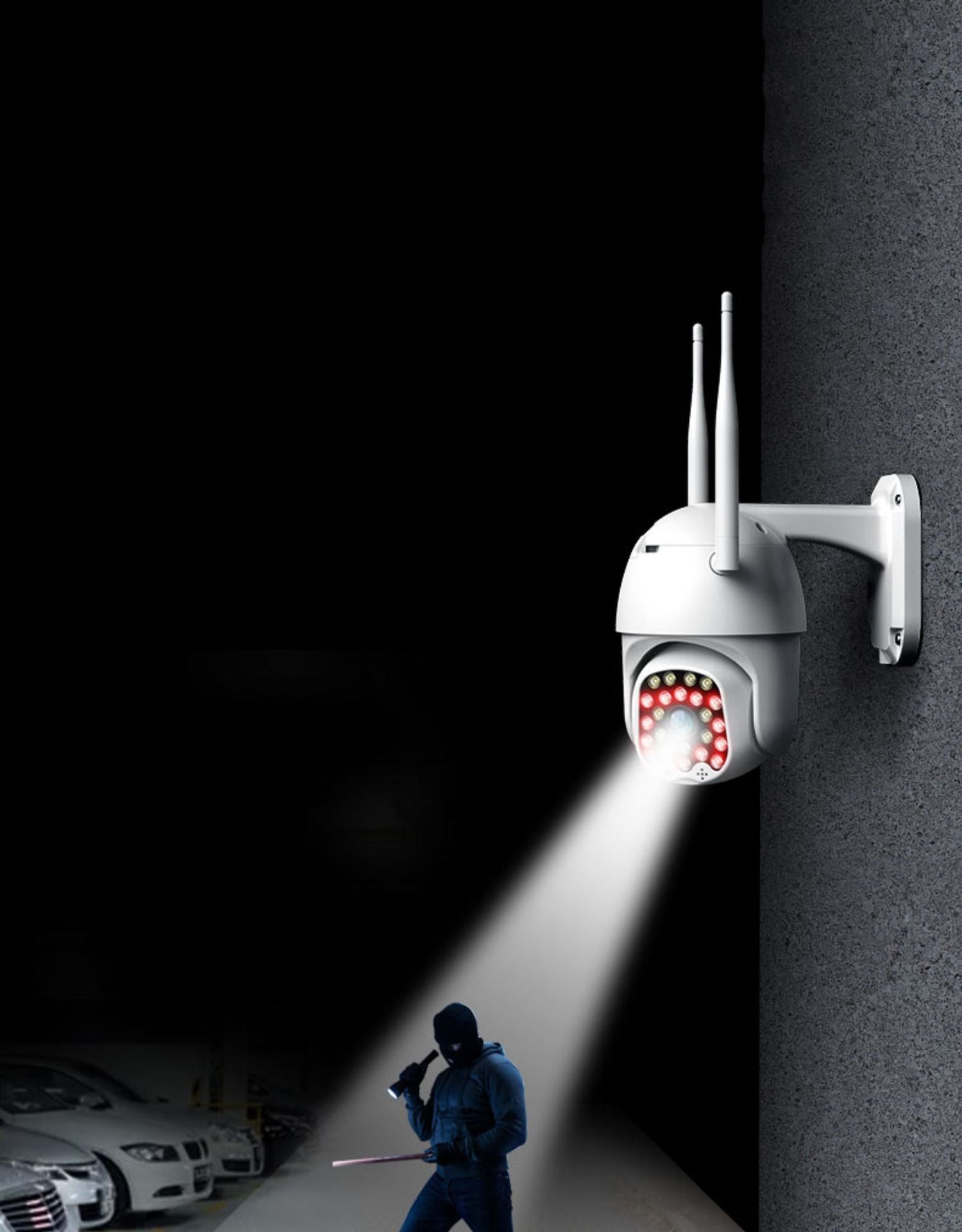 White 23 LED wireless outdoor security camera with night vision, featuring motion detection and weatherproof design.