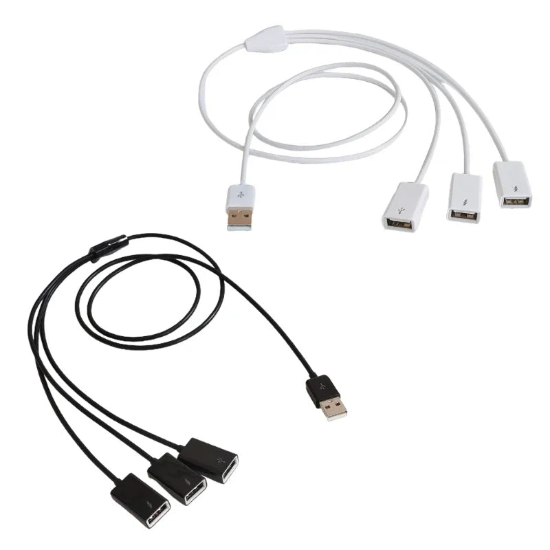 White 3-in-1 USB extension and splitter cable from BackupMyFilesNow.com, with USB male to female connectors and USB 2.0 compatibility.