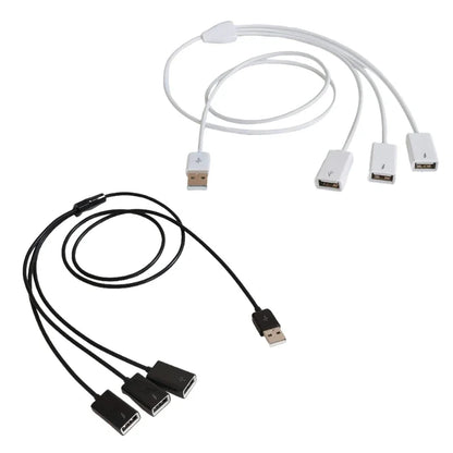 White 3-in-1 USB extension and splitter cable from BackupMyFilesNow.com, with USB male to female connectors and USB 2.0 compatibility.