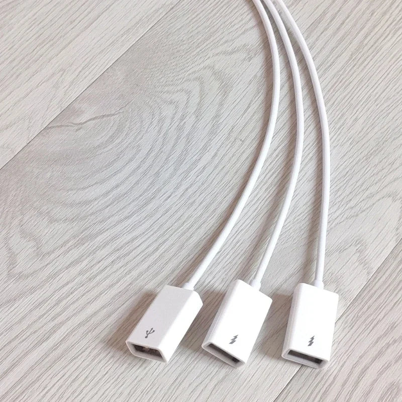 White USB extension cable 3-in-1 USB charge and splitter cable with USB male to female adapter for fast charging and data transfer.